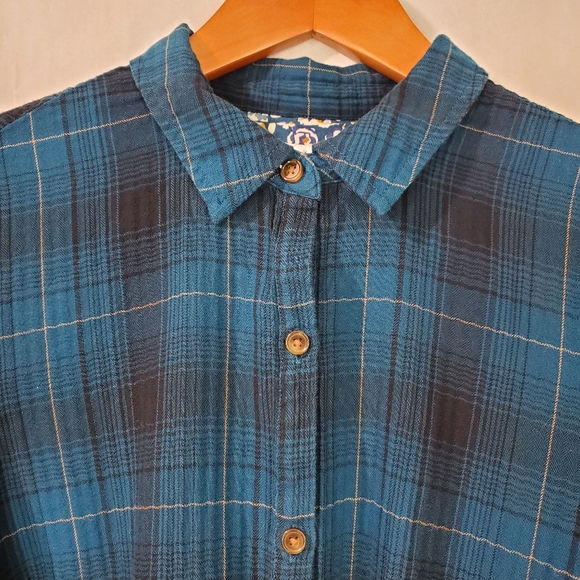 J. Jill Shirt Dress Plaid Floral Cotton Gauzy Button Front Flip Cuff Pockets MP - Picture 4 of 13